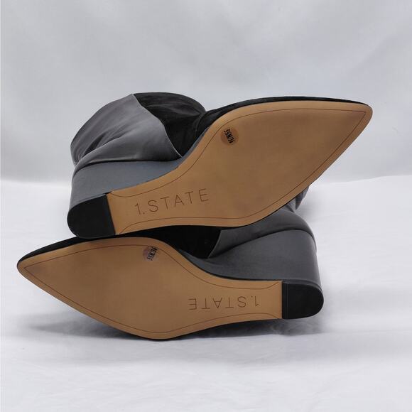 1.STATE Womens Wedge Boots Size 5.5 Black Leather Suede Pointed Toe Knee High - Picture 7 of 11